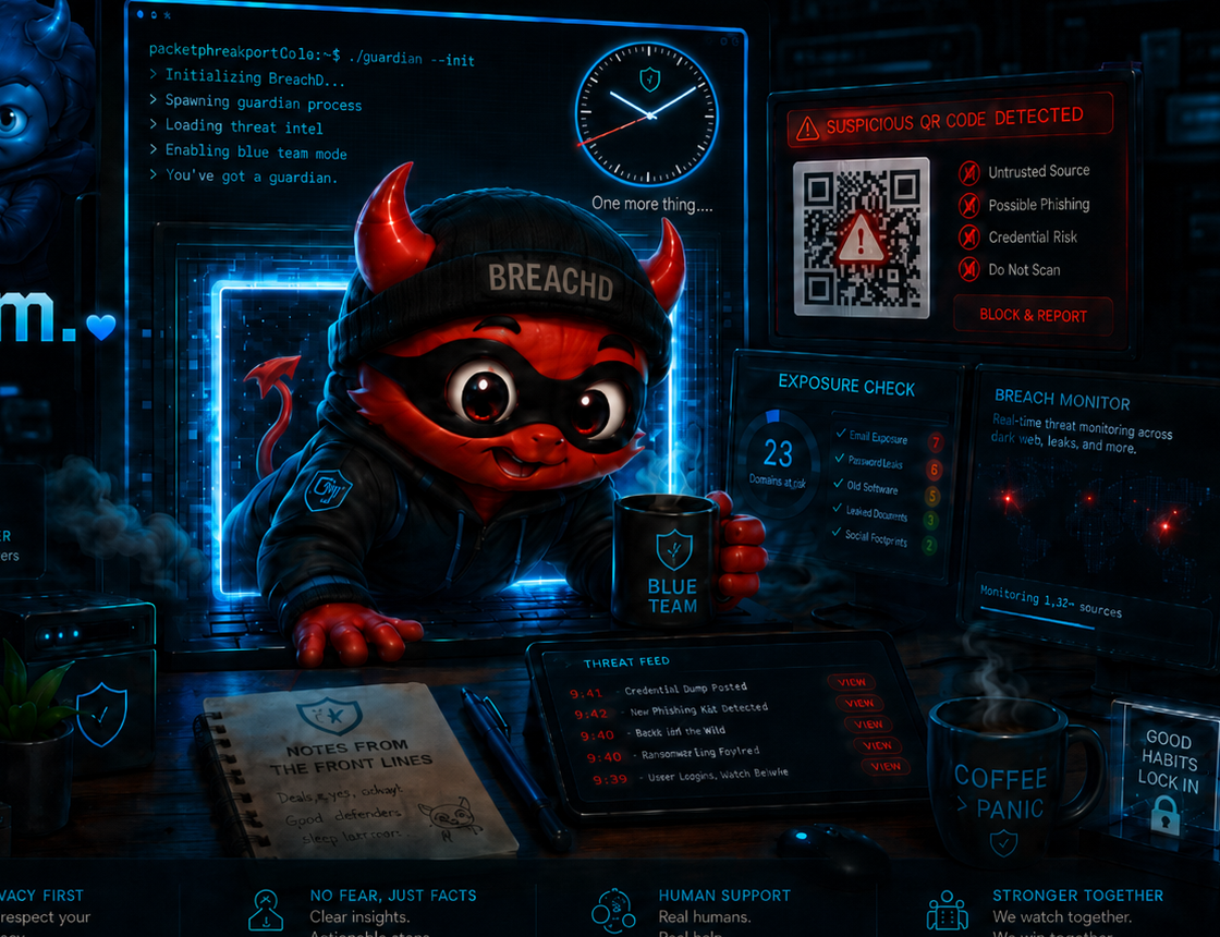 BreachD in a live command room with threat intel, exposure monitoring, trust reminders, and the 10:10:42 clock.