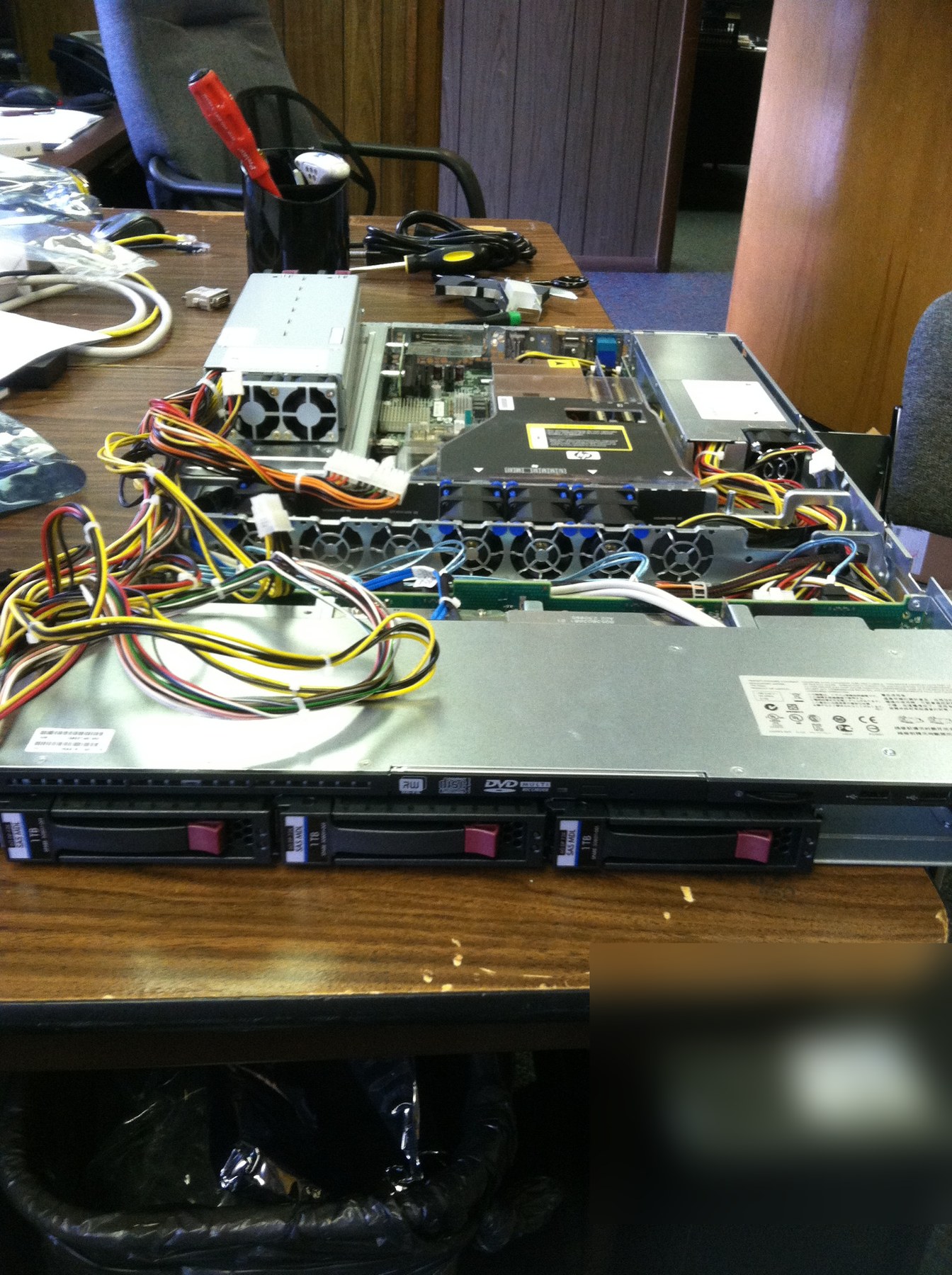 Rack server opened for hands-on bench work