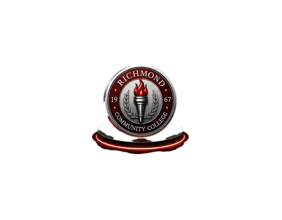 Red and white Richmond Community College emblem with a burning torch